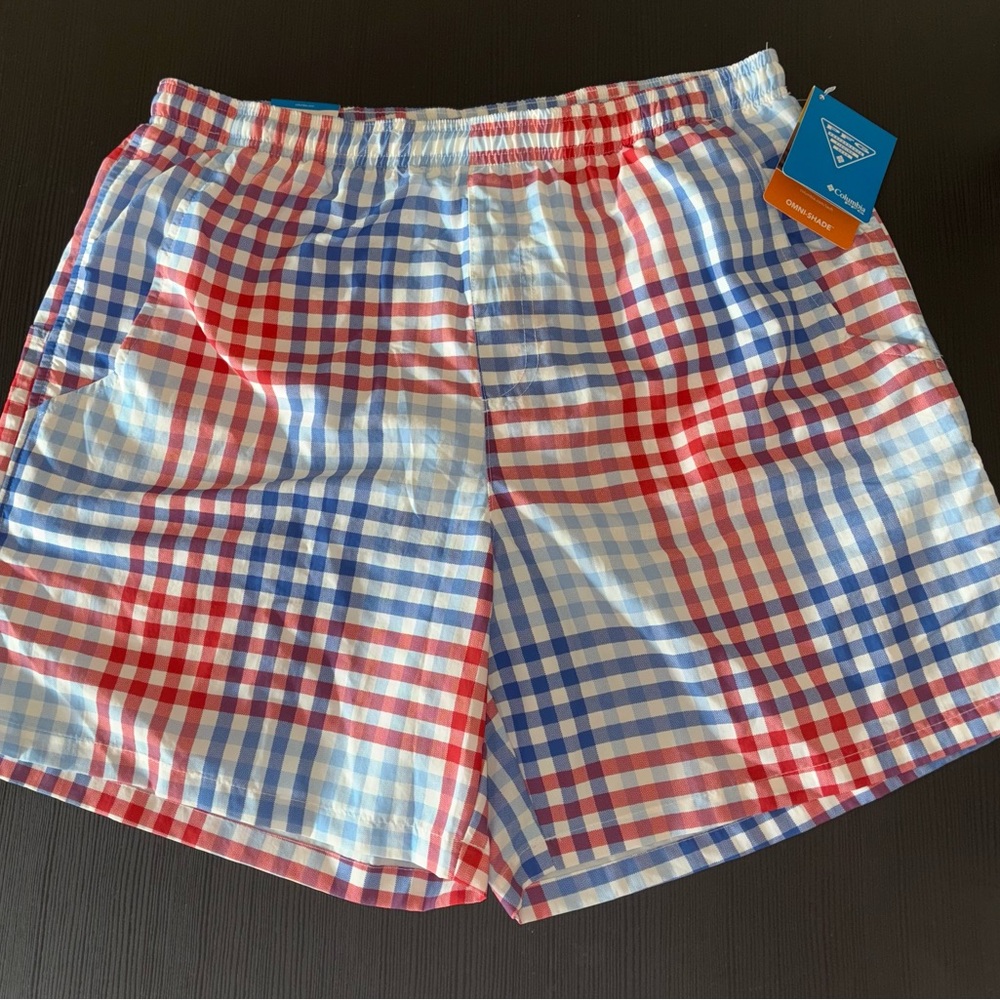 Columbia Men's Red and Blue Checkered Swim Shorts
